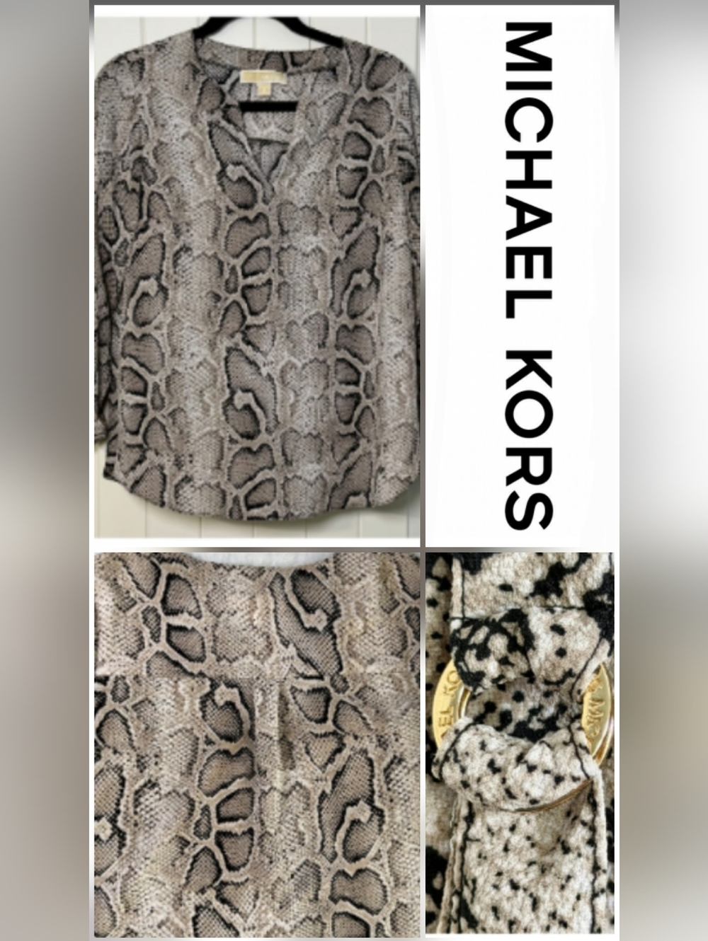 Michael Kors Sheer V-Neck Snake-Print Blouse With Roll Up Sleeves